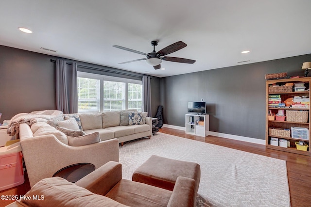 110 E Conolly Ct, Hampstead, NC 28443 - living room featuring wood finished floors, a ceiling fan, and recessed lighting