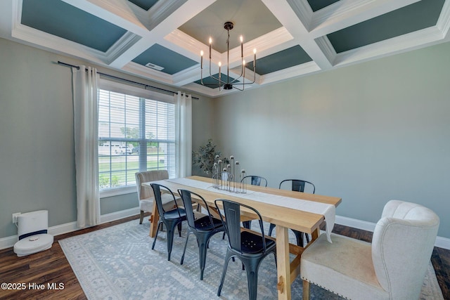 110 E Conolly Ct, Hampstead, NC 28443 - dining room with a chandelier, dark wood-type flooring, coffered ceiling, beamed ceiling, and crown molding