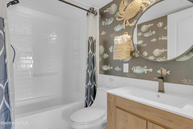 8801 Reed Dr Unit 116West, Emerald Isle, NC 28594 - bathroom featuring shower / tub combo, wallpapered walls, vanity, and wainscoting