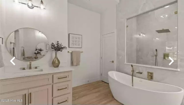209 Planters Ridge Dr, Sunset Beach, NC 28468 - bathroom featuring a soaking tub, vanity, wood finished floors, and an enclosed shower