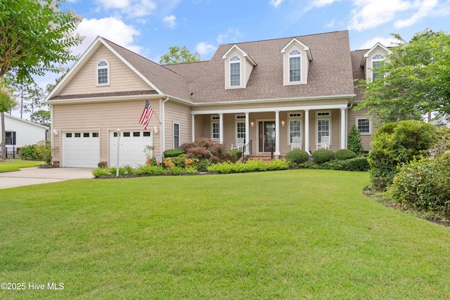2710 Scarborough Way, Southport, NC 28461 - cape cod house featuring covered porch, a front yard, driveway, and roof with shingles