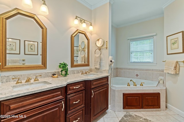 2710 Scarborough Way, Southport, NC 28461 - bathroom with a bath, double vanity, tile patterned flooring, and crown molding
