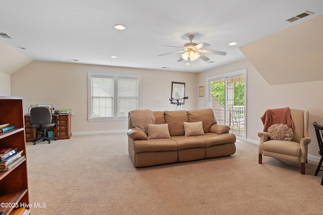 2710 Scarborough Way, Southport, NC 28461 - carpeted living area featuring an office area, ceiling fan, recessed lighting, and lofted ceiling