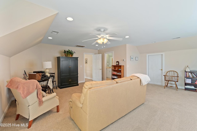 2710 Scarborough Way, Southport, NC 28461 - living room with light carpet, recessed lighting, a ceiling fan, and vaulted ceiling