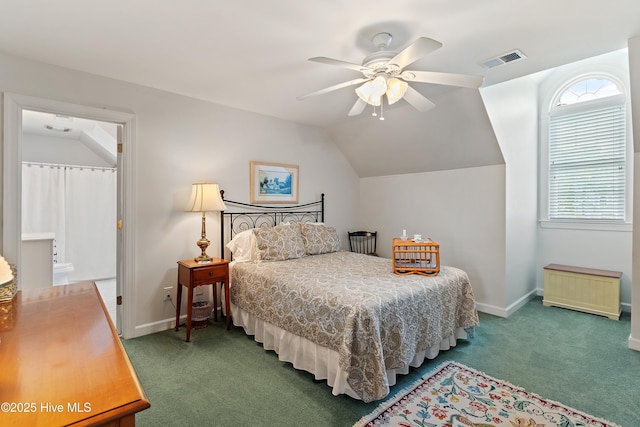 2710 Scarborough Way, Southport, NC 28461 - carpeted bedroom featuring multiple windows, lofted ceiling, and ceiling fan