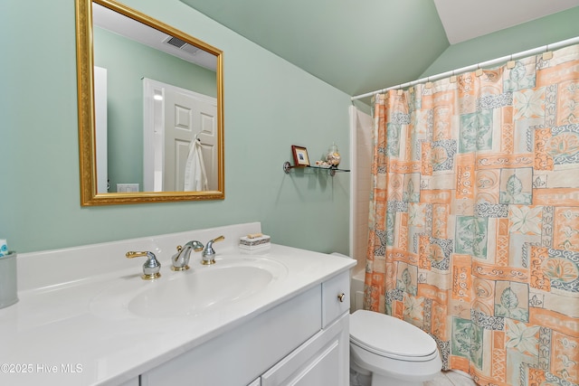 2710 Scarborough Way, Southport, NC 28461 - full bathroom featuring vanity, lofted ceiling, and a shower with curtain