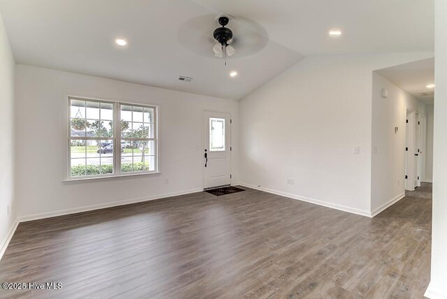 2604 Larne Ct, Wilmington, NC 28411 - foyer entrance with a ceiling fan, lofted ceiling, dark wood-style floors, and recessed lighting