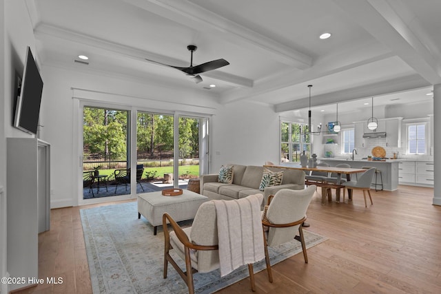 523 Trisail Ter, Wilmington, NC 28412 - living area with a ceiling fan, beamed ceiling, light wood-type flooring, recessed lighting, and crown molding