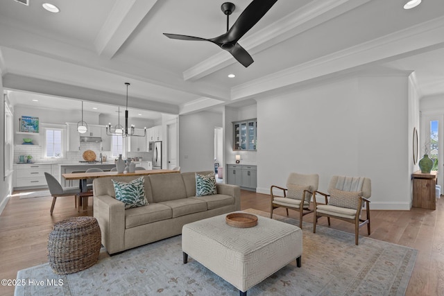 523 Trisail Ter, Wilmington, NC 28412 - living room with plenty of natural light, recessed lighting, beam ceiling, light wood-style floors, and ceiling fan
