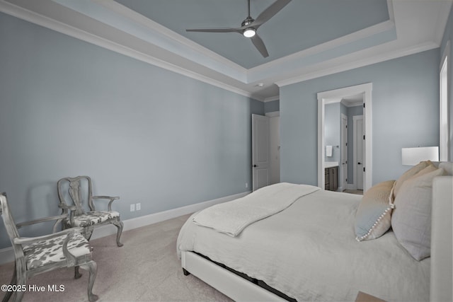 523 Trisail Ter, Wilmington, NC 28412 - bedroom featuring a raised ceiling, carpet, crown molding, ensuite bath, and ceiling fan