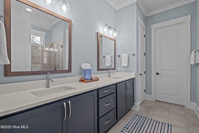 523 Trisail Ter, Wilmington, NC 28412 - full bath featuring a tile shower, ornamental molding, double vanity, and tile patterned flooring
