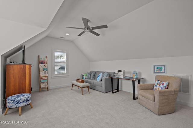 523 Trisail Ter, Wilmington, NC 28412 - carpeted living room featuring lofted ceiling and a ceiling fan