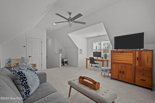 523 Trisail Ter, Wilmington, NC 28412 - living area featuring lofted ceiling, an office area, ceiling fan, and light carpet