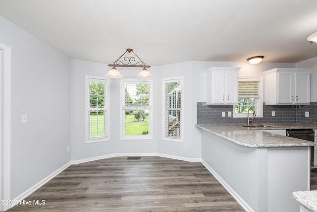 115 Billets Bridge Rd, Camden, NC 27921 - kitchen featuring white cabinetry, decorative backsplash, wood finished floors, and light stone counters