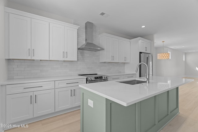 207 Spartanburg Ave Unit 2, Carolina Beach, NC 28428 - kitchen featuring wall chimney exhaust hood, appliances with stainless steel finishes, white cabinets, a center island with sink, and recessed lighting