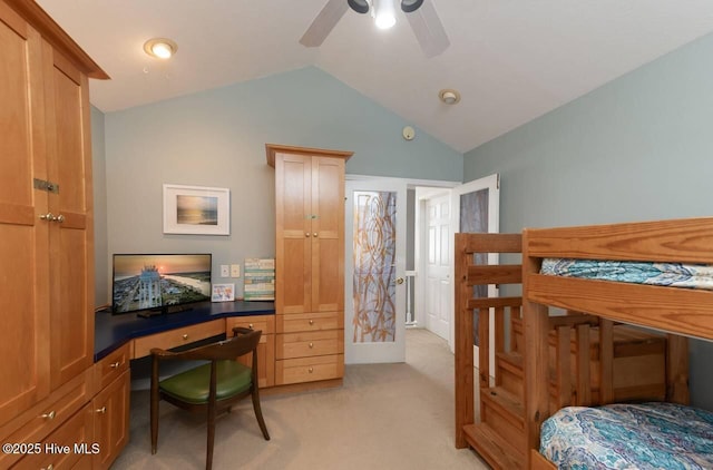 887 Ocean Blvd W, Holden Beach, NC 28462 - bedroom with light carpet, vaulted ceiling, an office area, and a ceiling fan