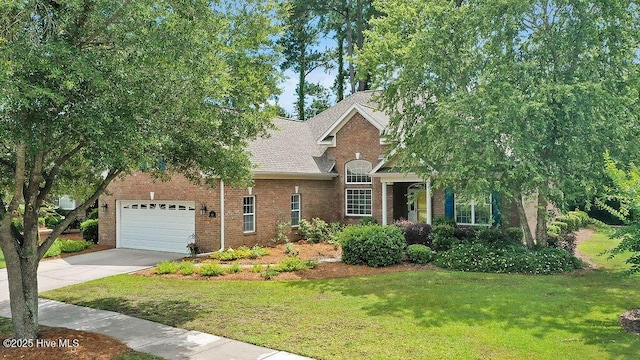 428 Windchime Dr, Wilmington, NC 28412 - view of front facade with brick siding, concrete driveway, an attached garage, a front yard, and a shingled roof