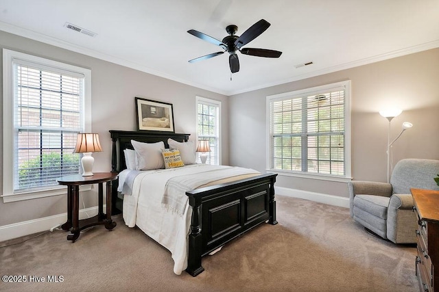 428 Windchime Dr, Wilmington, NC 28412 - bedroom with light carpet, ornamental molding, and ceiling fan