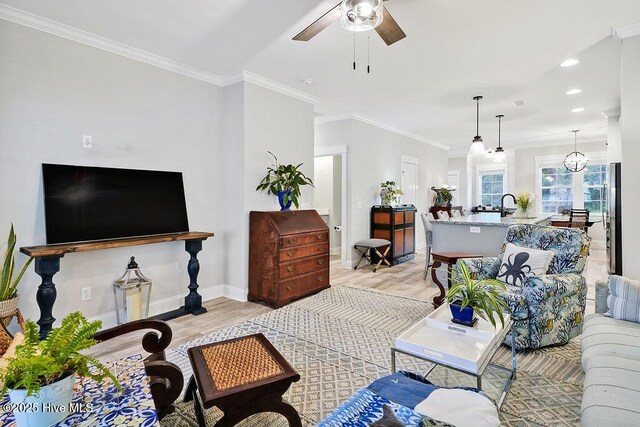 114 W 14th St Unit B, Southport, NC 28461 - living area featuring light wood-style flooring, ceiling fan, crown molding, and recessed lighting