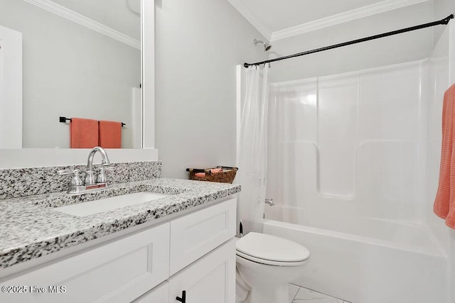 114 W 14th St Unit B, Southport, NC 28461 - full bath with ornamental molding, vanity, shower / bathtub combination with curtain, and marble finish flooring