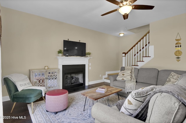 121 Poplar Branch Way, Hampstead, NC 28443 - living room featuring stairway, a ceiling fan, and a fireplace
