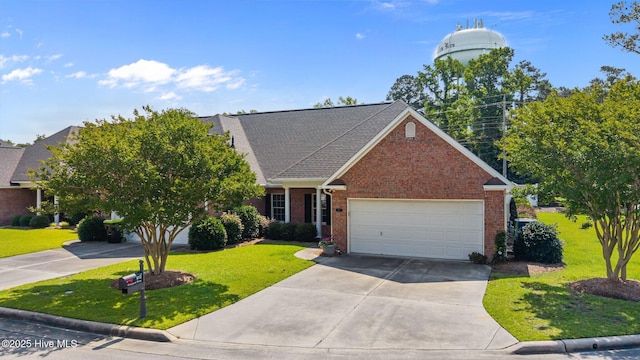 812 Vineyard Dr, New Bern, NC 28562 - traditional-style house with brick siding, driveway, a front yard, an attached garage, and a shingled roof
