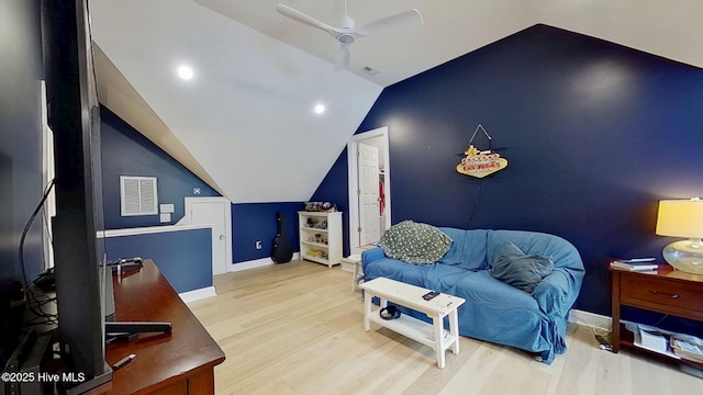 812 Vineyard Dr, New Bern, NC 28562 - living room featuring lofted ceiling, wood finished floors, ceiling fan, and a desk