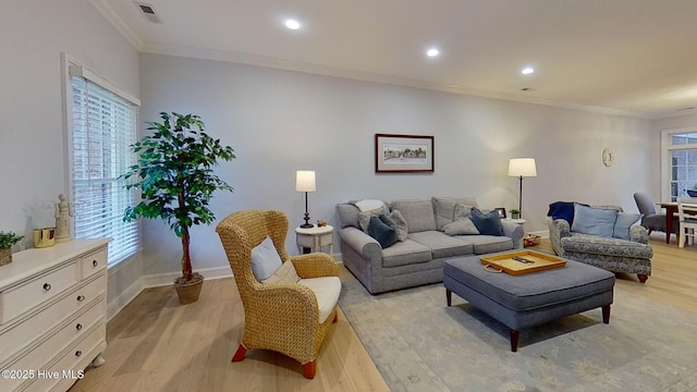 812 Vineyard Dr, New Bern, NC 28562 - living room with light wood-type flooring, crown molding, and recessed lighting