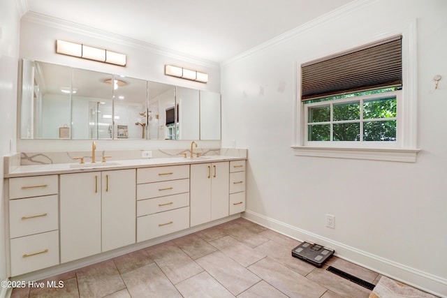 1714 E Walnut St, Goldsboro, NC 27530 - full bathroom featuring double vanity, ornamental molding, a stall shower, and tile patterned floors
