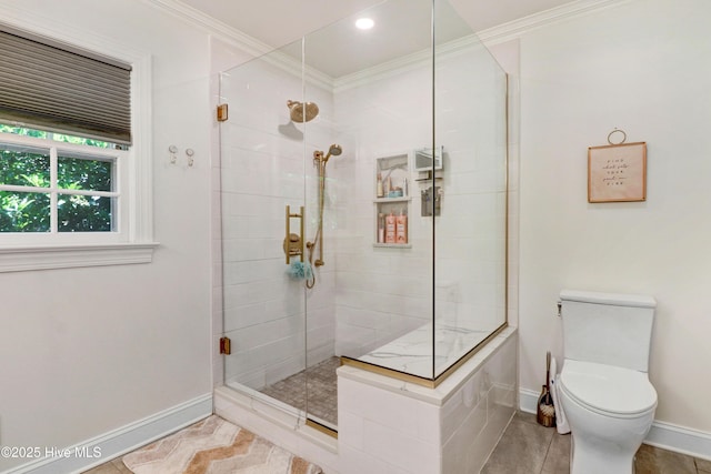 1714 E Walnut St, Goldsboro, NC 27530 - bathroom with a tile shower, crown molding, tile patterned floors, and recessed lighting