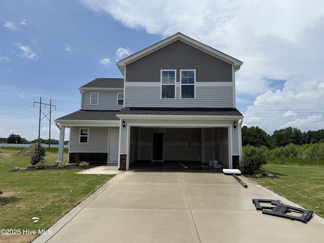 37 Chloe Ct, Selma, NC 27576 - view of front of house with a front yard, an attached garage, stone siding, driveway, and board and batten siding