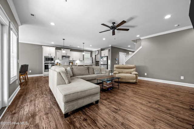 28 Winding Trl, Whispering Pines, NC 28327 - living room with a ceiling fan, ornamental molding, recessed lighting, and dark wood-style floors