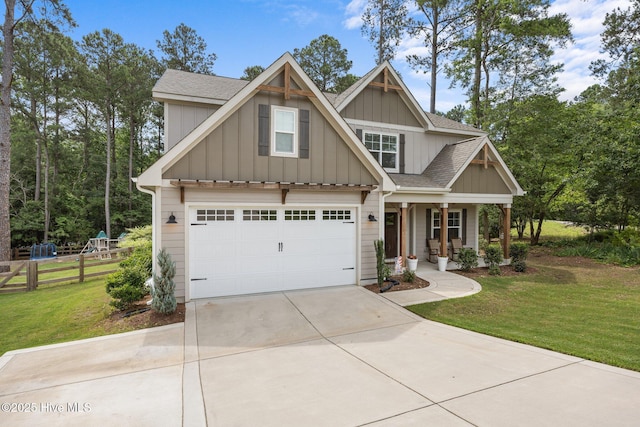 28 Winding Trl, Whispering Pines, NC 28327 - craftsman house featuring board and batten siding, concrete driveway, a porch, and roof with shingles