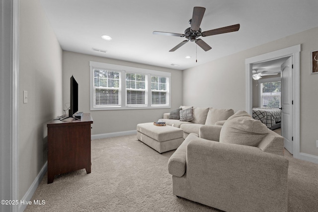 28 Winding Trl, Whispering Pines, NC 28327 - living room featuring a ceiling fan, carpet flooring, plenty of natural light, and recessed lighting