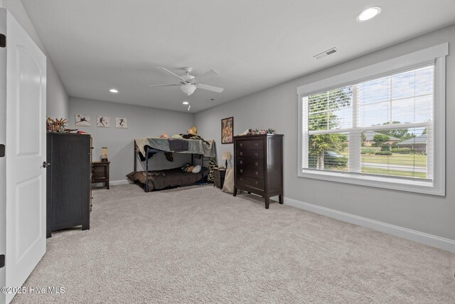 28 Winding Trl, Whispering Pines, NC 28327 - bedroom with light carpet, recessed lighting, and a ceiling fan