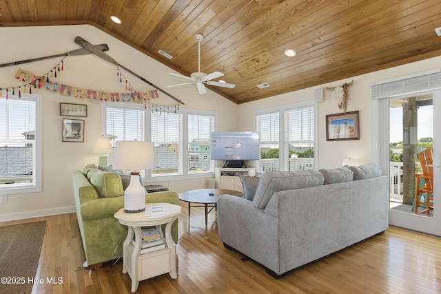 110 Mangrove Blvd, Emerald Isle, NC 28594 - living room with lofted ceiling, ceiling fan, wood ceiling, recessed lighting, and wood finished floors