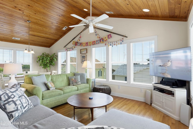 110 Mangrove Blvd, Emerald Isle, NC 28594 - living room featuring wooden ceiling, ceiling fan, lofted ceiling, a chandelier, and light wood-style floors