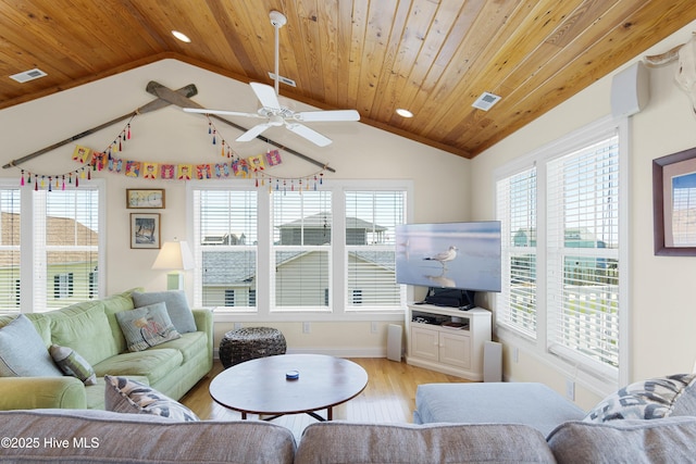 110 Mangrove Blvd, Emerald Isle, NC 28594 - living room featuring a ceiling fan, vaulted ceiling, light wood finished floors, wooden ceiling, and plenty of natural light