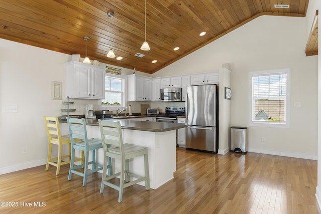 110 Mangrove Blvd, Emerald Isle, NC 28594 - kitchen with stainless steel appliances, a peninsula, wooden ceiling, dark countertops, and light wood-style flooring