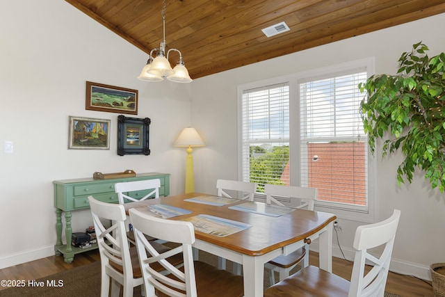 110 Mangrove Blvd, Emerald Isle, NC 28594 - dining space with wood ceiling, a chandelier, dark wood finished floors, and vaulted ceiling