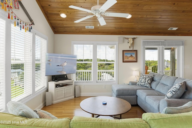 110 Mangrove Blvd, Emerald Isle, NC 28594 - living area featuring wooden ceiling, lofted ceiling, ceiling fan, and light wood-style floors