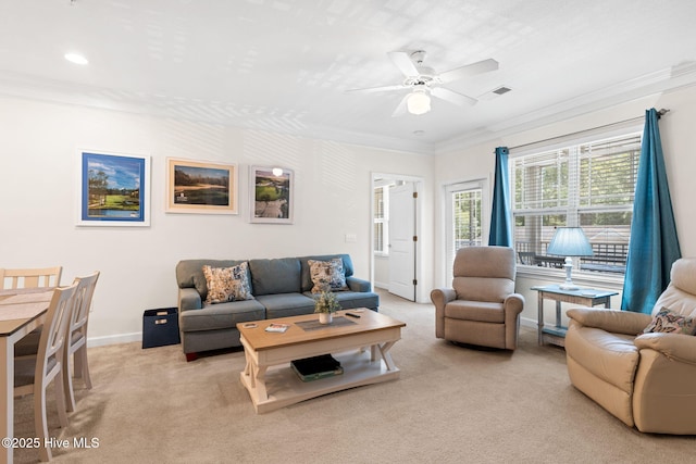 235 Woodlands Way Unit 9, Calabash, NC 28467 - living area with light carpet, ornamental molding, ceiling fan, and recessed lighting