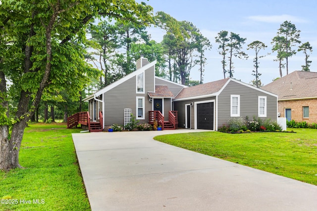 1223 Pelican Dr, New Bern, NC 28560 - mid-century modern home featuring driveway, a chimney, a garage, and a front lawn