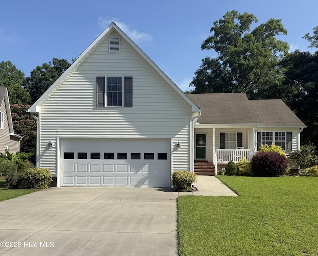 208 Canterwood Ln, New Bern, NC 28562 - traditional-style house with covered porch, driveway, a front lawn, and a garage