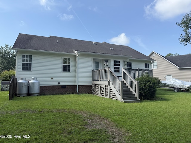 208 Canterwood Ln, New Bern, NC 28562 - back of house with crawl space, a deck, a yard, stairway, and a shingled roof