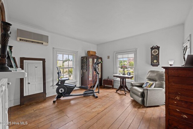 409 Hancock St, New Bern, NC 28560 - exercise room with a wall mounted air conditioner and hardwood / wood-style floors