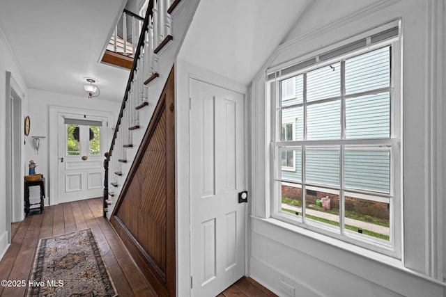 409 Hancock St, New Bern, NC 28560 - foyer featuring dark wood finished floors, stairs, and lofted ceiling