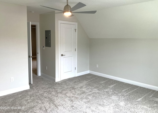 407 King Richard Ct, Jacksonville, NC 28546 - additional living space featuring electric panel, carpet, ceiling fan, and vaulted ceiling