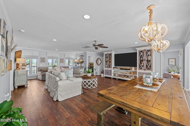 938 E Bayside Dr, Chocowinity, NC 27817 - living area with ceiling fan, a chandelier, dark wood-style floors, recessed lighting, and ornamental molding