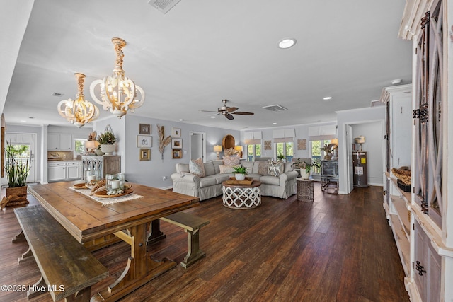 938 E Bayside Dr, Chocowinity, NC 27817 - living area with ceiling fan, recessed lighting, a chandelier, dark wood finished floors, and electric water heater